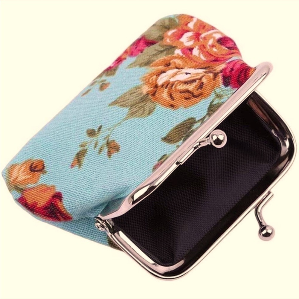 Purse Coin Bag French Kiss Clasp Storage Change Victorian Rose Floral Blue - Picture 11 of 16